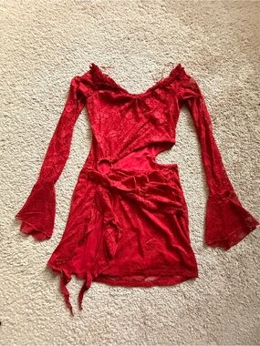 Fashion Nova Red Lace Off Shoulder Long-Sleeve Cutout Midi Dress